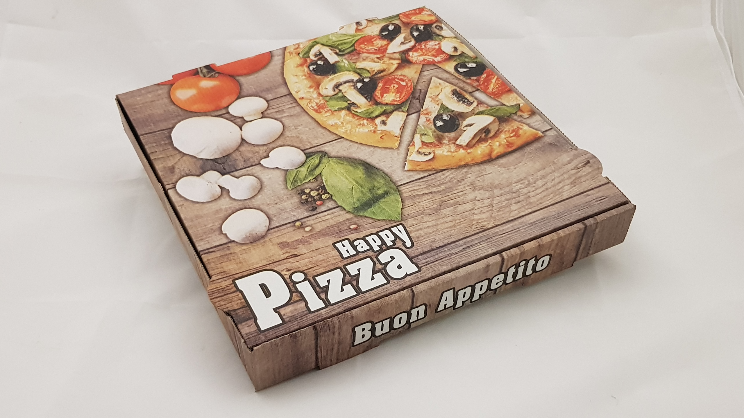 China tetraëder Sluiting Pizzadoos 30x30x4cm “Happy Pizza” 100st – VDW Food